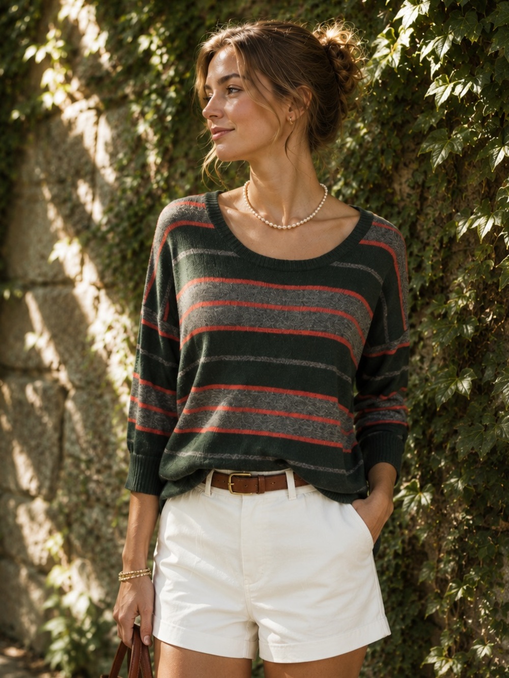 AUTUMN CASHMERE Green, Orange, Brown Striped Pullover Quiet Luxury Sweater, XS